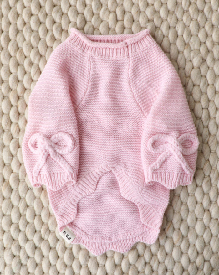 Lilah pink scalloped detail dog sweater with feminine knit design, ideal for stylish small to medium dogs like Pomeranians, Yorkies, French Bulldogs, and Toy Poodles