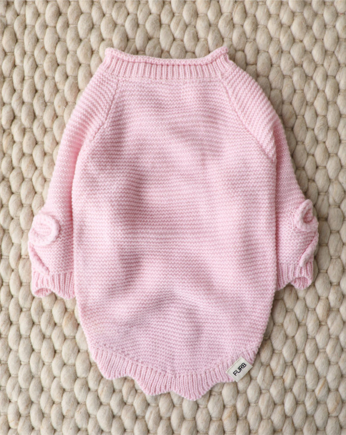 Soft pink scalloped edge dog sweater offering cozy warmth and chic style, perfect for Cavaliers, Maltese, Shih Tzus, Mini Dachshunds, and fashionable pups