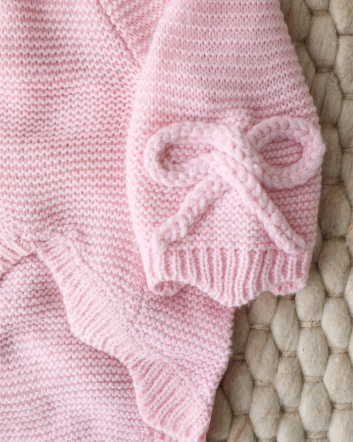 Cute pink dog sweater with decorative scalloped detailing, lightweight and breathable for spring layering on Yorkies, Pomeranians, Chihuahuas, and small dogs