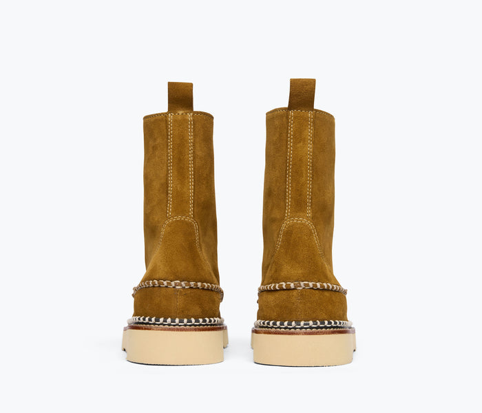 Freda Salvador Lilly lace-up boot made of soft suede with a back view, showcasing stylish design and stitching details.