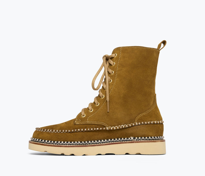 FREDA SALVADOR Lilly Lace Up Boot in suede, featuring a lace-up design and inside view of the stylish boot.