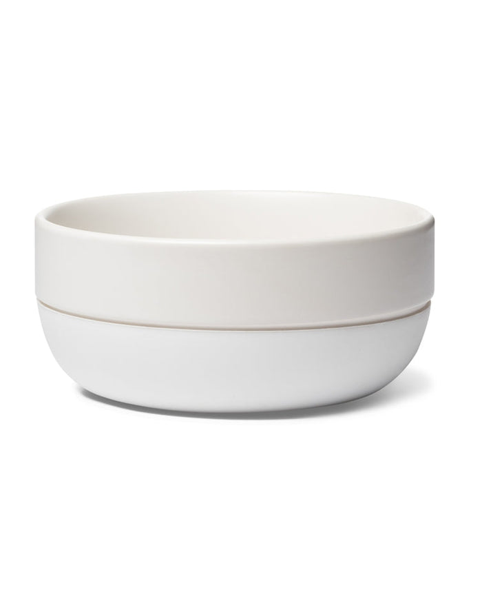 White ceramic two-tone dog bowl elevated for ergonomic feeding, perfect for Miniature Schnauzers or small terriers.