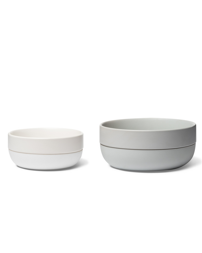 Grey two-tone dog bowl ideal for small-to-medium dogs like French Bulldogs or Beagles, stylish and functional for daily feeding.