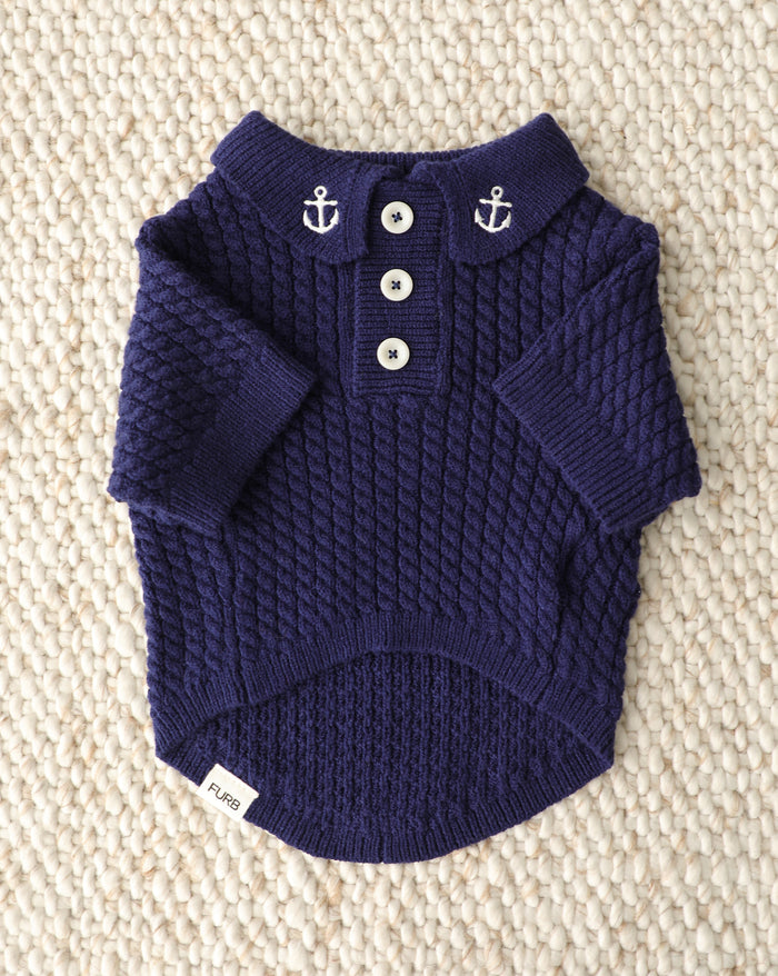 navy cable knit dog polo sweater nautical knit dog clothing with anchor collar detail classic pet apparel