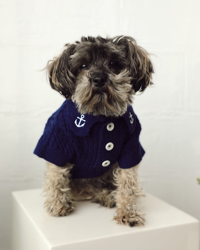 navy dog polo sweater soft cable knit fabric with maritime inspired anchor accents stylish dog outfit