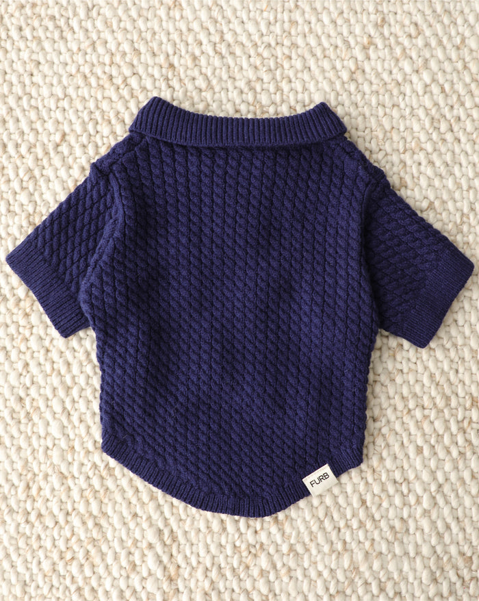 navy cable knit dog sweater close up textured knit polo with decorative anchor collar detail