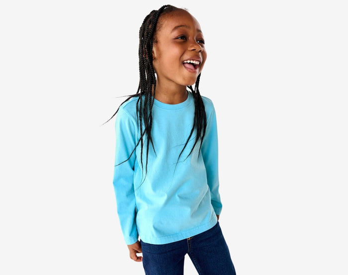 Child wearing Primary - Long Sleeve Classic Tee 3 Pack - Lagoon - Available at www.tenlittle.com