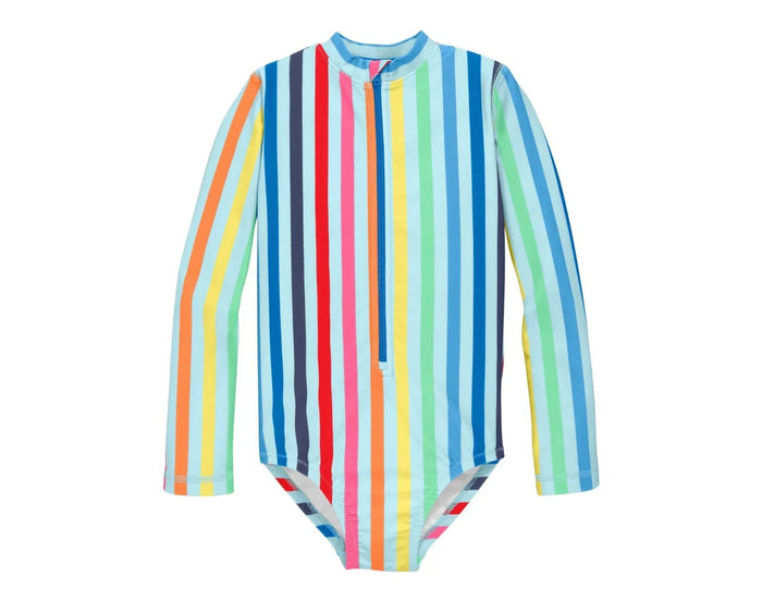 Front view of Primary Long Sleeve One-Piece Rash Guard - Mist Rainbow Stripe. Available at www.tenlittle.com