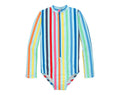 Front view of Primary Long Sleeve One-Piece Rash Guard - Mist Rainbow Stripe. Available at www.tenlittle.com