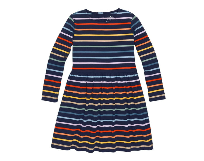 Primary Long Sleeve Pocket Dress - Rainbow Stripe - Navy / Rainbow Stripe. Available at www.tenlittle.com