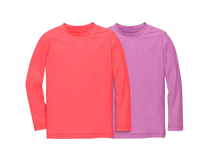 Front view of Primary Long Sleeve Rash Guard - 2 Pack - Bright Azalea / Lilac. Available at www.tenlittle.com