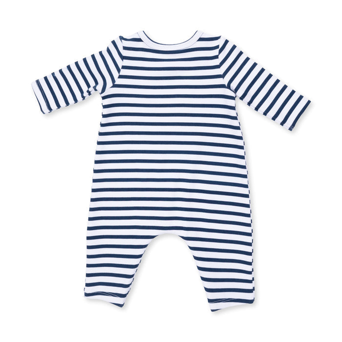 Long Sleeve Snap Shoulder Romper-Football Navy