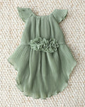 Sage green dog dress with pleated chiffon and floral accents, elegant pet outfit for weddings and special occasions