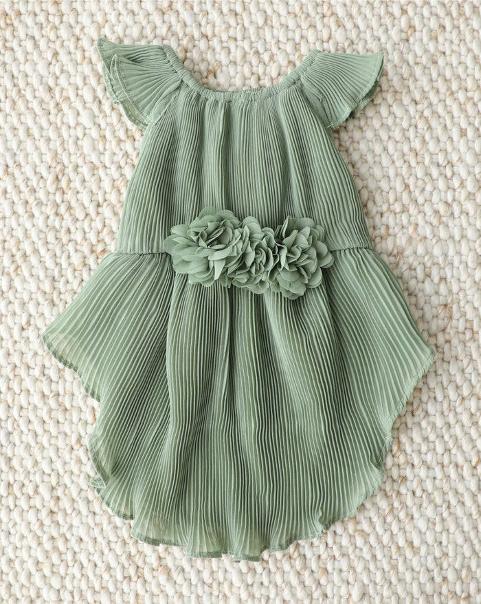 Sage green dog dress with pleated chiffon and floral accents, elegant pet outfit for weddings and special occasions