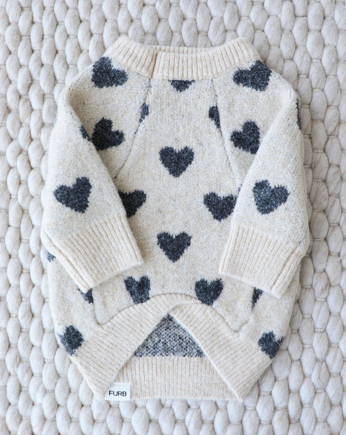 Heart print dog sweater designed for cozy comfort with a playful romantic touch, great for daily wear, perfect for pugs and French bulldogs