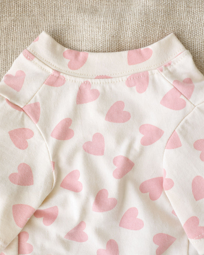 Soft pink dog t shirt with allover hearts and relaxed comfortable fit. Updated May 2026.