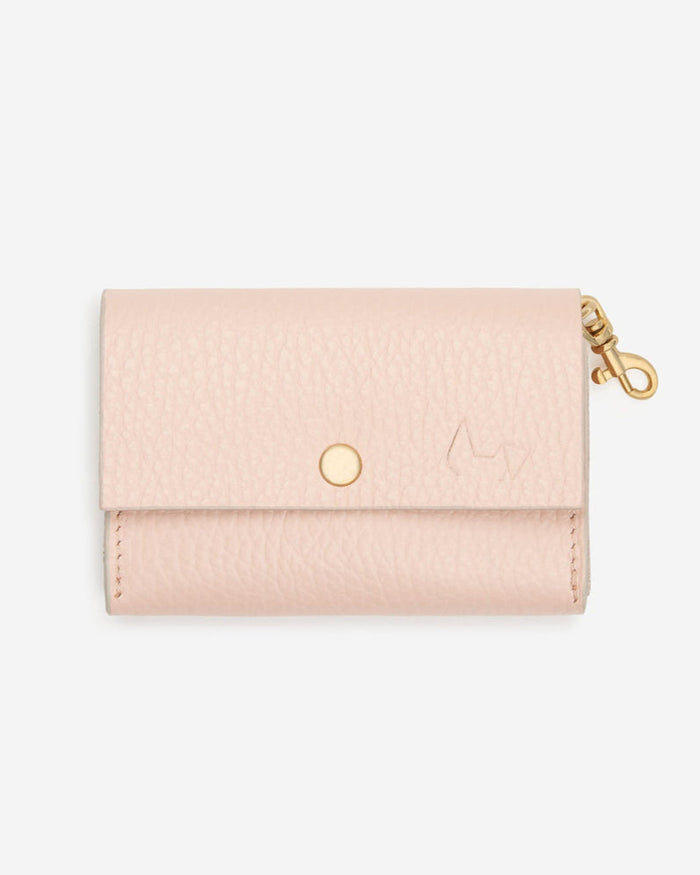 Rocco blush pink leather dog waste bag holder, front view, stylish pet accessory