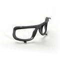 Black plastic eyeglass frames without lenses, featuring a foam-lined seal for enhanced debris protection, are displayed on a white background and angled to show both the front and side. These frames are ideal for integration with the Lucyd Airlock Particle Protection Shield by Lucyd, designed for use with Lucyd Armor.