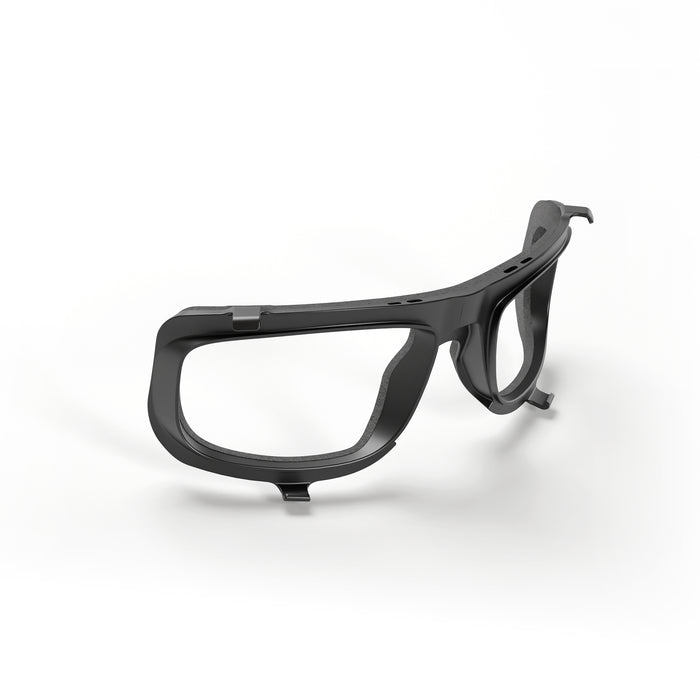 Black plastic eyeglass frames without lenses, featuring a foam-lined seal for enhanced debris protection, are displayed on a white background and angled to show both the front and side. These frames are ideal for integration with the Lucyd Airlock Particle Protection Shield by Lucyd, designed for use with Lucyd Armor.