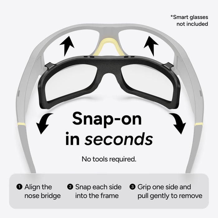 Introducing the Lucyd Airlock Particle Protection Shield for Lucyd Armor — smart glasses in gray and yellow with an insert frame attachment. Enjoy enhanced debris protection thanks to a foam-lined, comfortable seal. The shield snaps on in seconds with no tools needed; simply follow the three illustrated steps and arrows to align, snap in, and remove the insert easily.