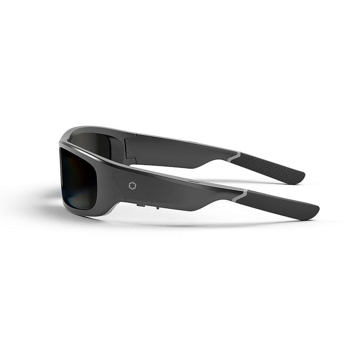 The Lucyd Armor | Black Polarized sunglasses by Lucyd feature modern matte black, thick angular frames and ANSI Z87.1-certified dark lenses, shown in a three-quarter side view on a white background.