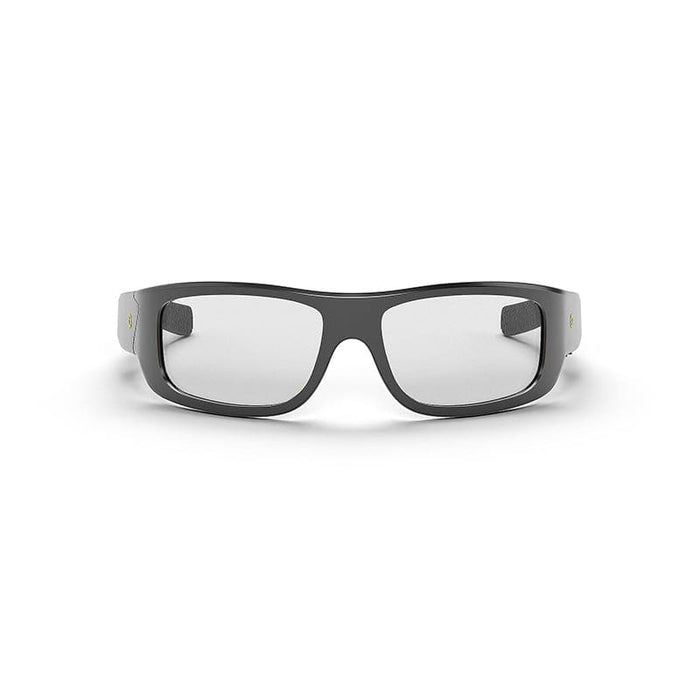 Front view of Lucyd Armor | Photochromic black rectangular eyeglasses with thick frames and clear UV400 polarized photochromic lenses by Lucyd, isolated on a white background.