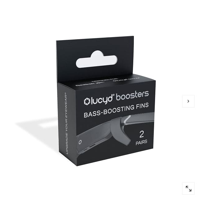 A black box labeled Lucyd Boosters For Lucyd Armor & Reebok Sport by Lucyd, containing 2 pairs of bass-boosting fins, is shown. The box features an image of fins attached to smart glasses and has a cut-out handle on top.