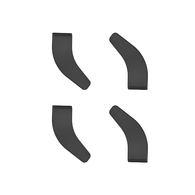 Four black, L-shaped Lucyd Boosters for Lucyd Armor & Reebok Sport are arranged in a square formation on a white background, with each piece rotated at different angles to create a symmetrical layout.