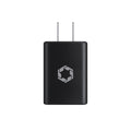 The Lucyd Charging Brick by Lucyd is a black AC wall adapter with two metal prongs and a geometric logo in the center, displayed against a plain white background.