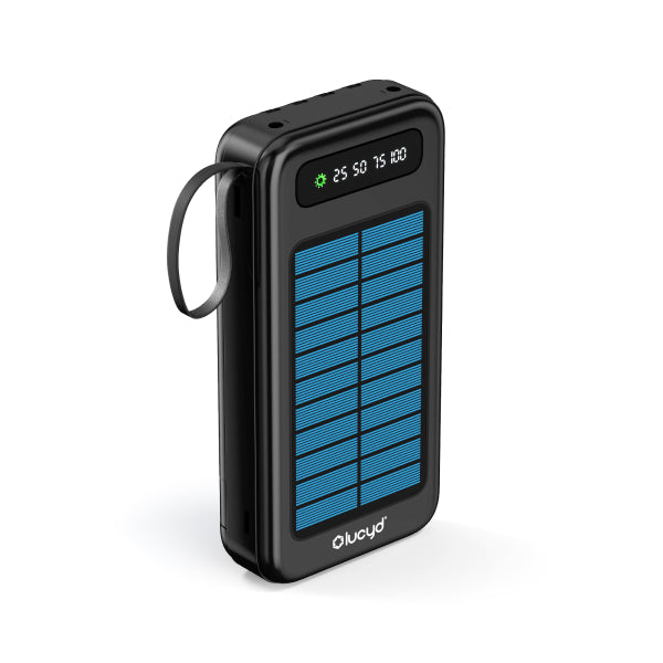 The Lucyd Juicebox Solar Power Bank | 20,000 mAh by Lucyd is a black portable charger with a blue solar panel on the front, a display screen showing battery percentage, and a handy carrying loop on the side.