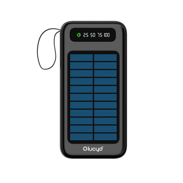 The Lucyd Juicebox Solar Power Bank | 20,000 mAh is a portable black power bank with a blue solar panel, digital display (25/50/75/100), small loop, and Lucyd logo—ideal for on-the-go charging.