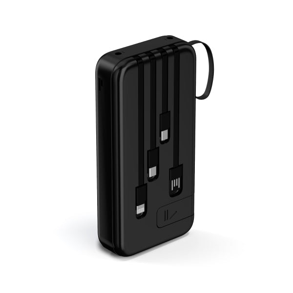 The Lucyd Juicebox Solar Power Bank | 20,000 mAh is a black rectangular portable charger with built-in multi-type charging cables on the front and a carrying loop, offering versatility and convenience from Lucyd.