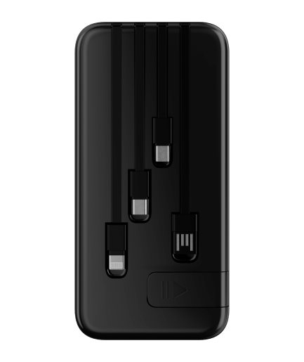 The Lucyd Juicebox Solar Power Bank | 20,000 mAh is a black portable charger by Lucyd with three built-in retractable cables of varying lengths, each with a different connector type, shown on a white background.