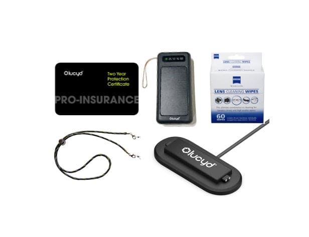 The Lucyd Pro Accessory Kit by Lucyd Bundles includes a two-year frame insurance certificate, black rectangular power bank, Zeiss cleaning wipes, black cord, and sleek black charging dock—save $80!.
