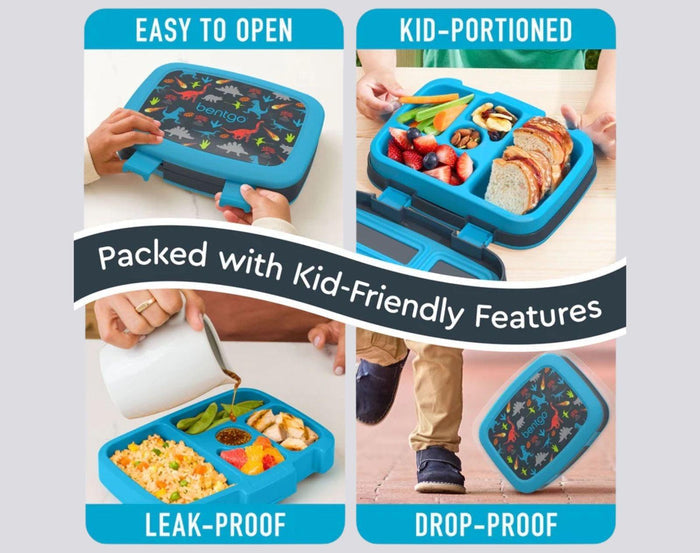Kid-friendly features of Bentgo Lunch Box in Dinosaur. Available at www.tenlittle.com