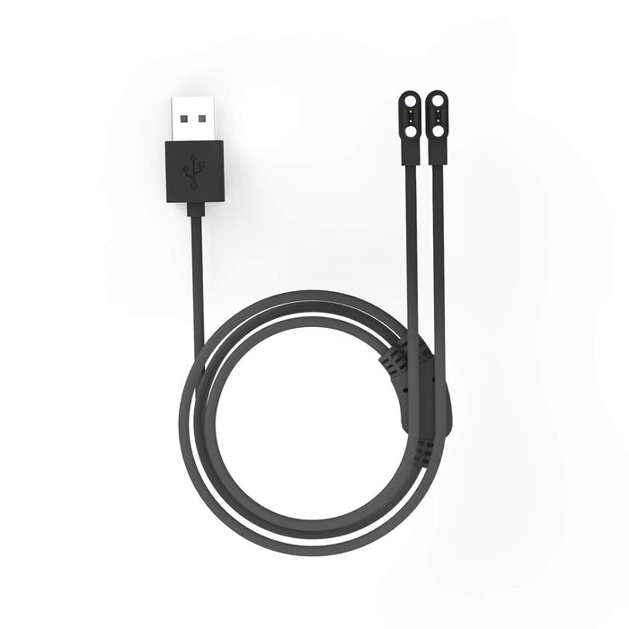 A coiled Lyte Charging Cable by Lucyd, featuring a standard USB-A connector and a two-prong flat end, is displayed on a white background.