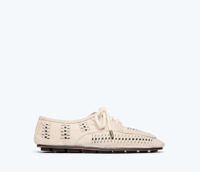 Freda Salvador Mahira woven loafer in vanilla calf leather, front view showing textured woven pattern and sleek design.