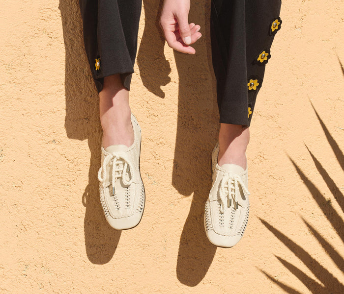 Freda Salvador Mahira woven loafer in vanilla calf leather, featuring a sleek design and woven detailing on the upper.