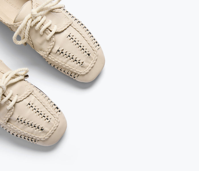 Freda Salvador Mahira woven loafer in vanilla color with detailed woven calf leather upper and classic slip-on design.