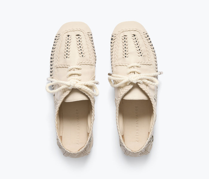 Freda Salvador Mahira woven loafer in vanilla with calf leather top, stylish slip-on shoe with woven design and sleek silhouette.