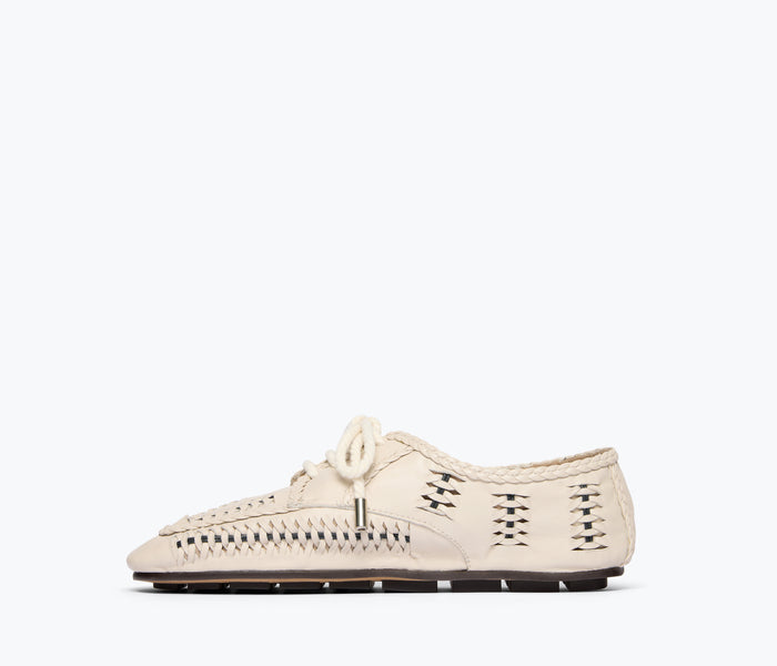 Freda Salvador Mahira woven loafer in vanilla calf leather, showing inside view with woven detail and soft interior lining.