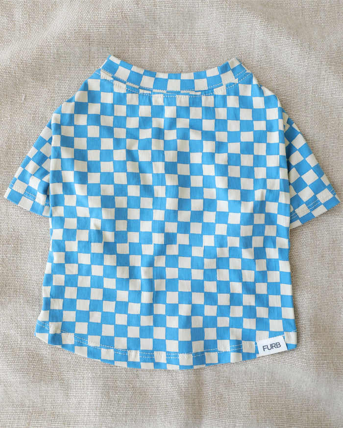 Blue mini check print dog t shirt with casual modern pet style. Updated May 2026.