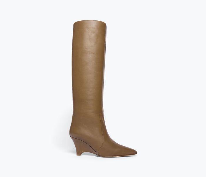 Freda Salvador Mariah tall boot in taupe leather, front view showing sleek design and calf-length style.