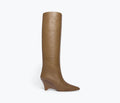 Freda Salvador Mariah tall boot in taupe leather, front view showing sleek design and calf-length style.