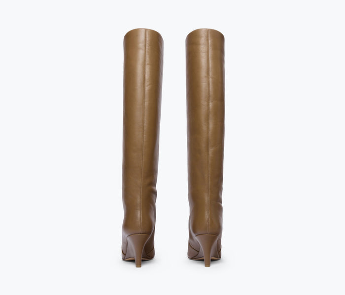 Freda Salvador Mariah tall boot in taupe leather with calf-length design and block heel, showcasing a sleek and stylish silhouette.