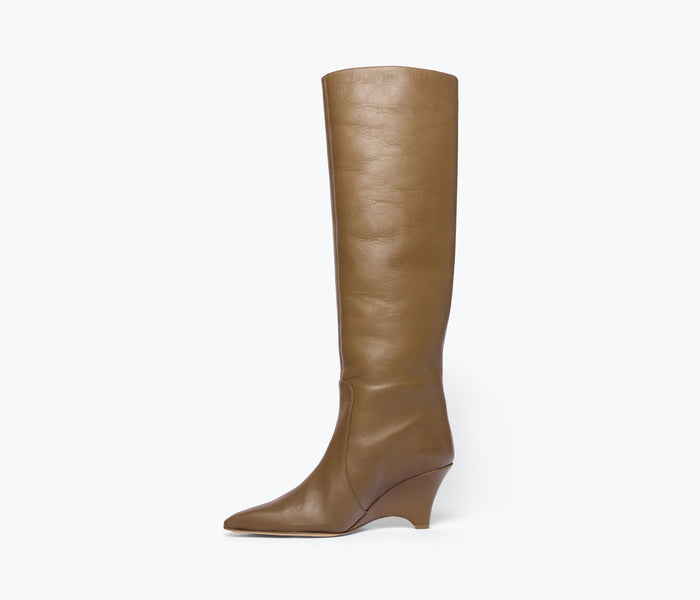 FREDA SALVADOR Mariah Tall Boot in taupe leather, showing the inside view with sleek design and calf height.