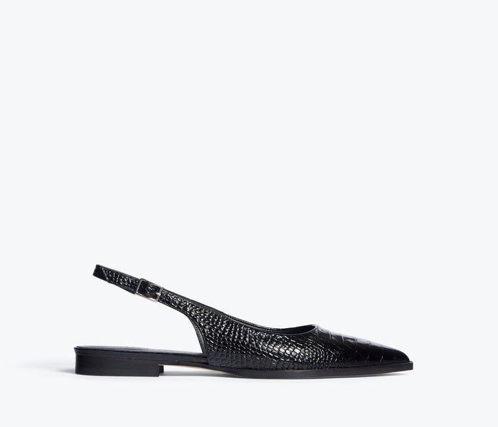 Black FREDA SALVADOR Marie slingback point flat shoe displayed from the front view.