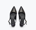 FREDA SALVADOR Marie slingback point flat shoe in black with grommet details, stylish and comfortable footwear for women
