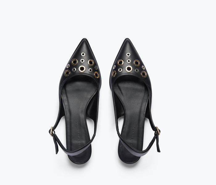 FREDA SALVADOR Marie slingback point flat shoe in black with grommet details, stylish and comfortable footwear for women