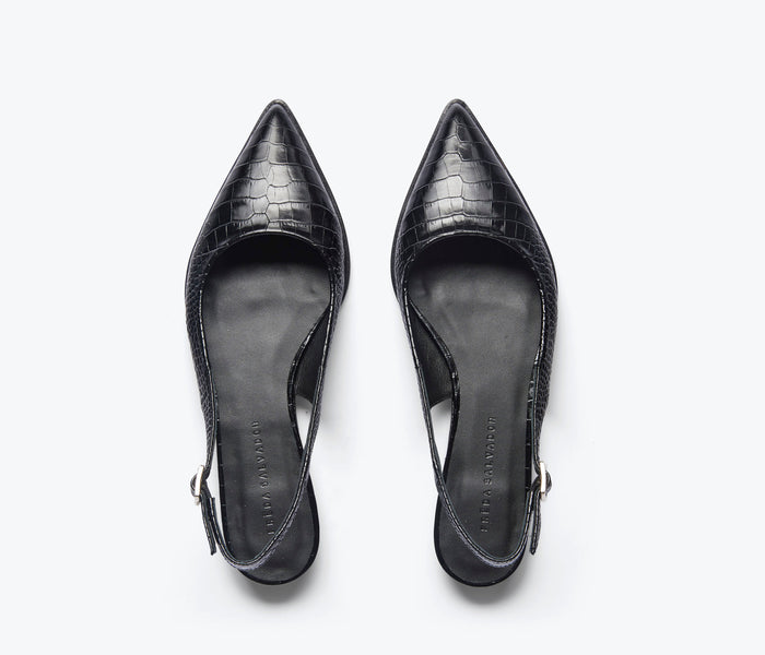 Black FREDA SALVADOR Marie slingback point flat shoe with a sleek design and pointed toe.